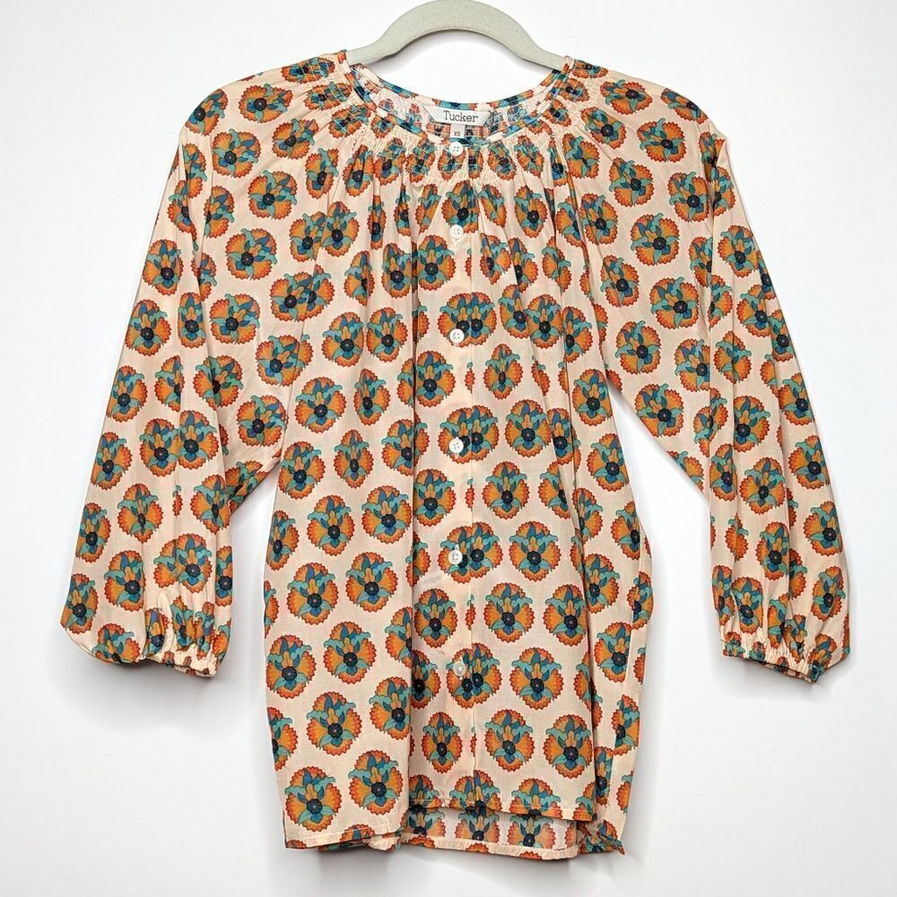 Tucker NYC Classic Blouse Ivory Rosette in Silk Cotton Top Casual Print